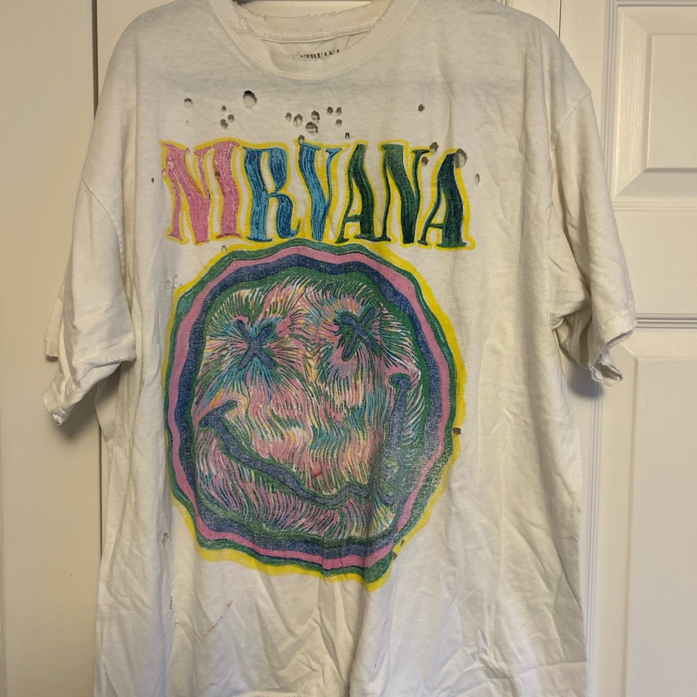 NIRVANA White Short-Sleeve Tee with Multicolor Smiley Graphic